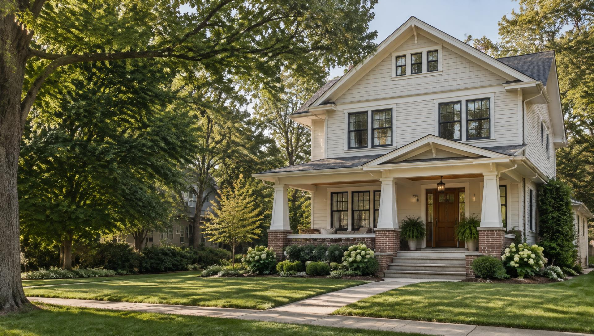 A welcoming Indianapolis-style home with a wide front porch and leafy yard